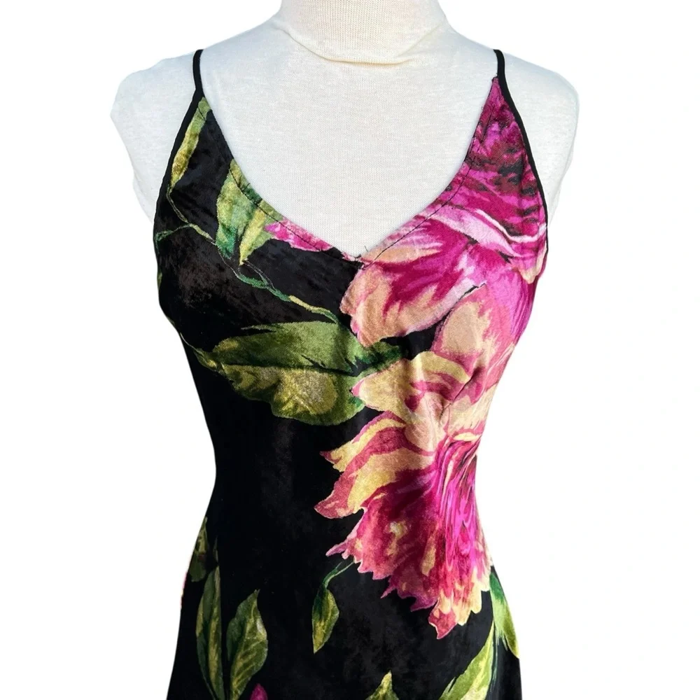 VTG Whimsigoth Velvet Floral Slip Dress Strappy Back 90s Nolita Romantic Vamp XL - Picture 3 of 17